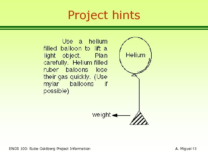 Project hints ENGR 100: Rube Goldberg Project Information A. Miguel 13 