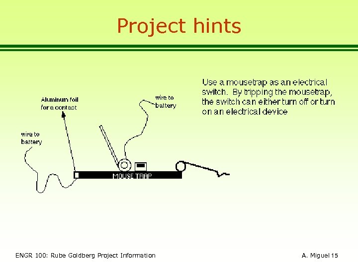 Project hints ENGR 100: Rube Goldberg Project Information A. Miguel 15 