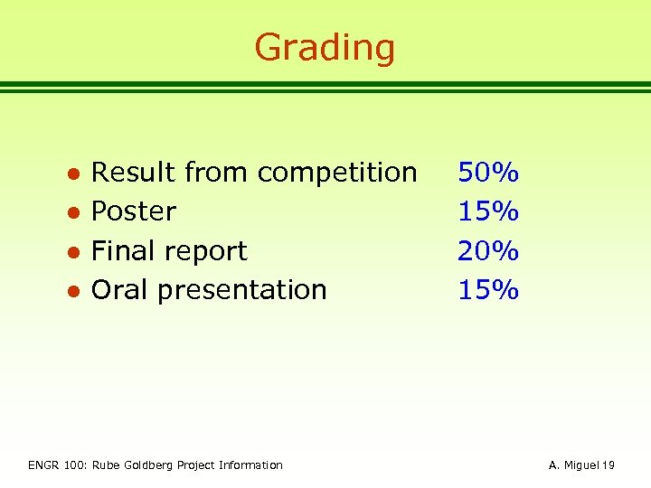 Grading l l Result from competition Poster Final report Oral presentation ENGR 100: Rube