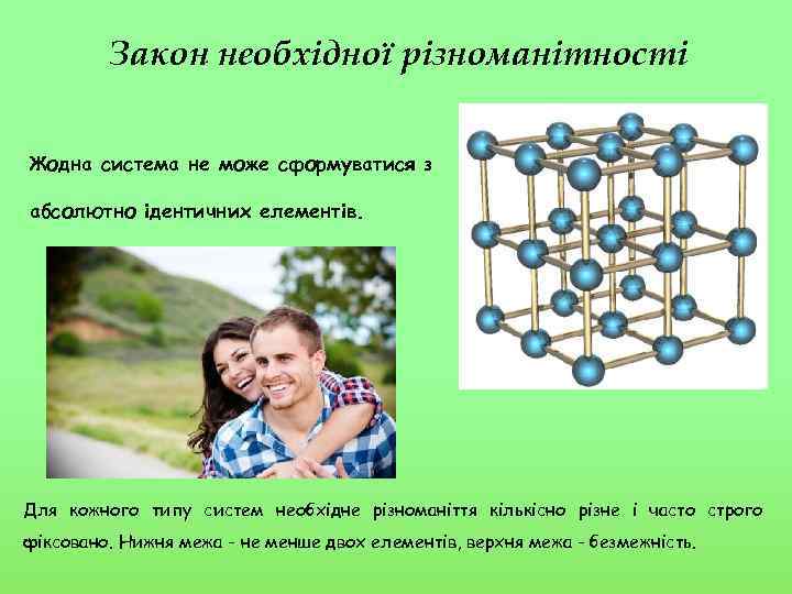 Закон необхідної різноманітності Жодна система не може сформуватися з абсолютно ідентичних елементів. Для кожного