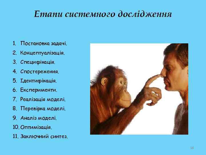 Етапи системного дослідження 1. Постановка задачі. 2. Концептуалізація. 3. Специфікація. 4. Спостереження. 5. Ідентифікація.
