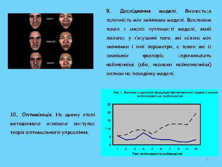 9. Дослідження моделі. Вивчається залежність між змінними моделі. Важливим також є аналіз чутливості моделі,