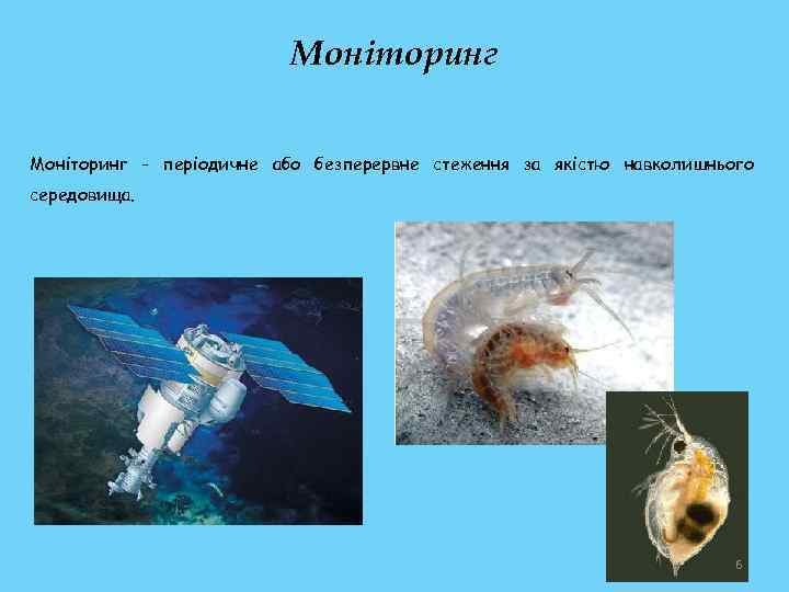 Моніторинг - періодичне або безперервне стеження за якістю навколишнього середовища. 6 