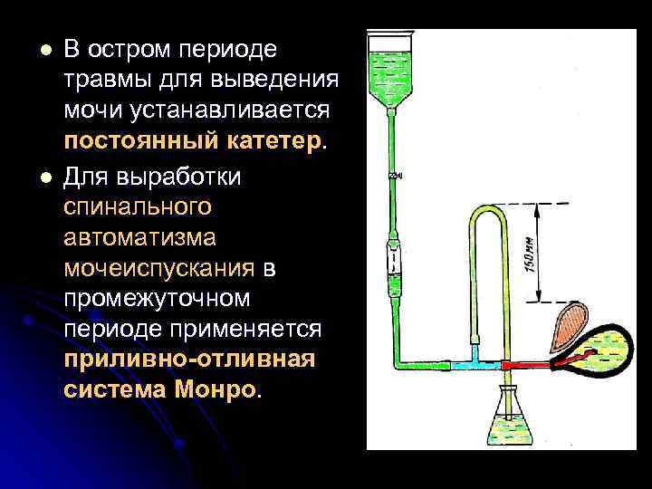 l l В остром периоде травмы для выведения мочи устанавливается постоянный катетер. Для выработки