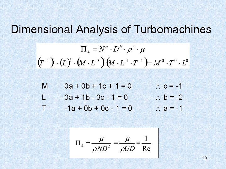 Dimensional Analysis of Turbomachines M 0 a + 0 b + 1 c +