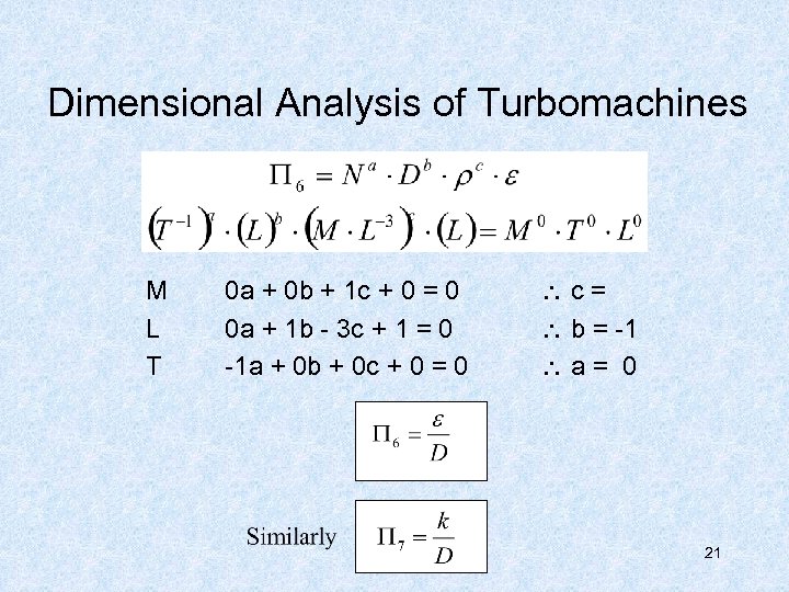 Dimensional Analysis of Turbomachines M L T 0 a + 0 b + 1