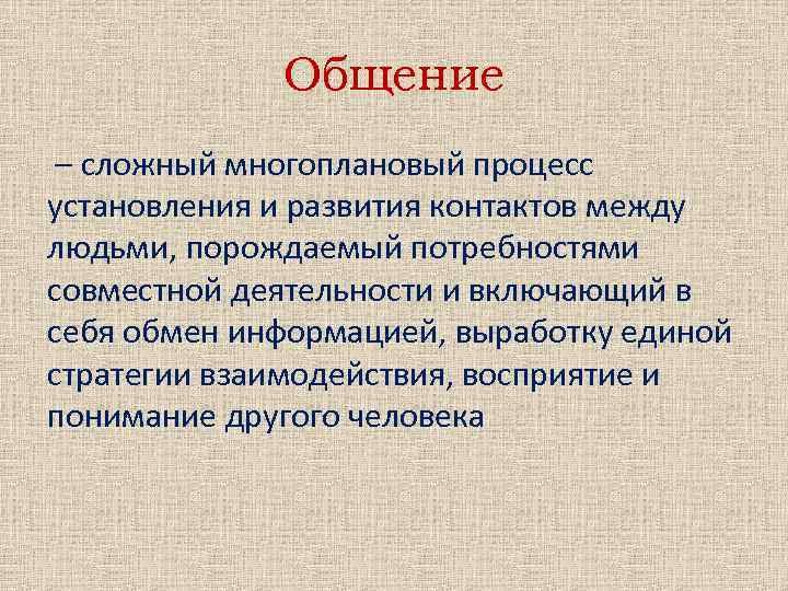 Общение – сложный многоплановый процесс установления и развития контактов между людьми, порождаемый потребностями совместной