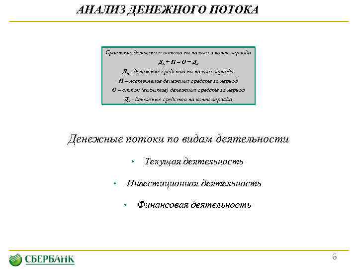 АНАЛИЗ ДЕНЕЖНОГО ПОТОКА Анализ денежного потока Сравнение денежного потока на начало и конец периода