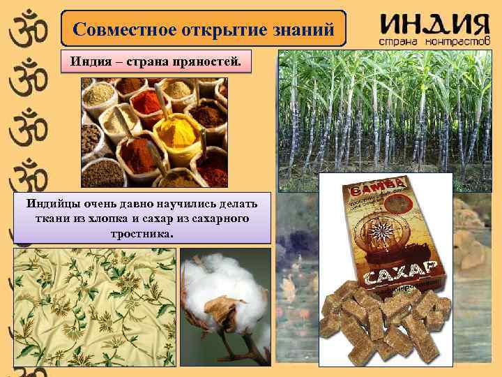Совместное открытие знаний Индия – страна пряностей. Индийцы очень давно научились делать ткани из