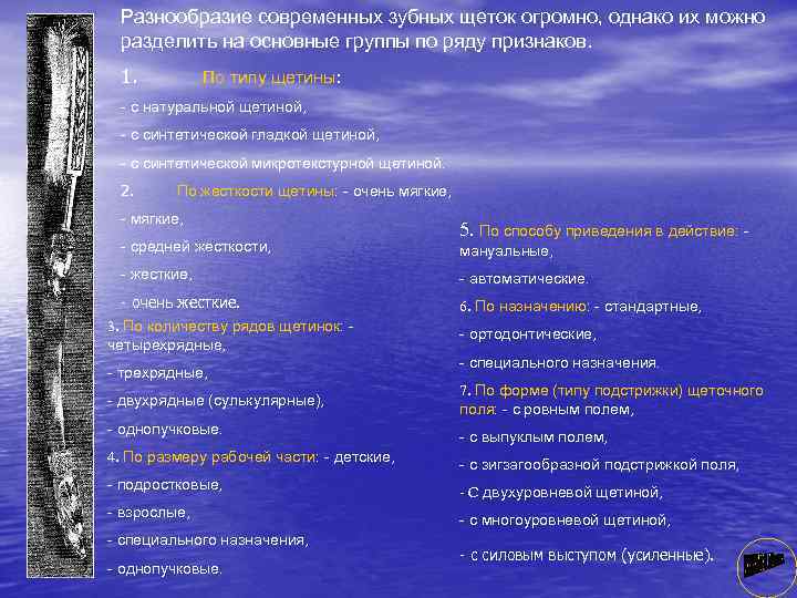 Разнообразие современных зубных щеток огромно, однако их можно разделить на основные группы по ряду