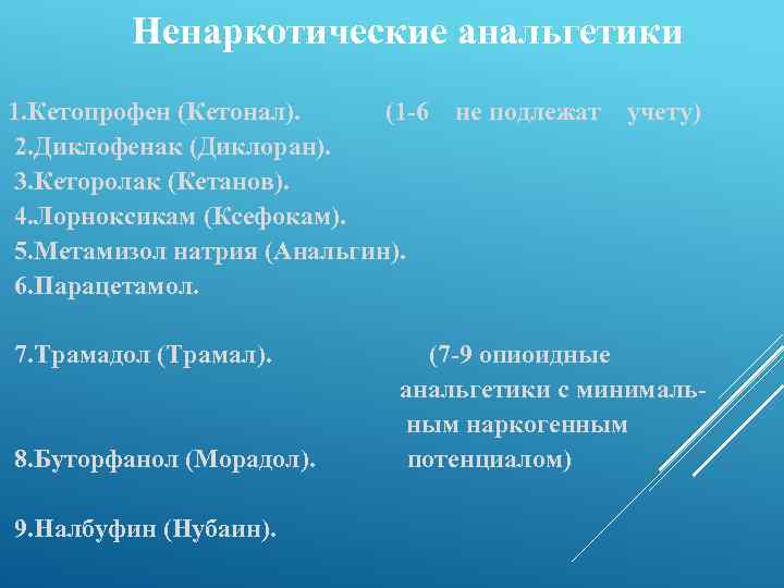 Ненаркотические анальгетики 1. Кетопрофен (Кетонал). (1 -6 2. Диклофенак (Диклоран). 3. Кеторолак (Кетанов). 4.