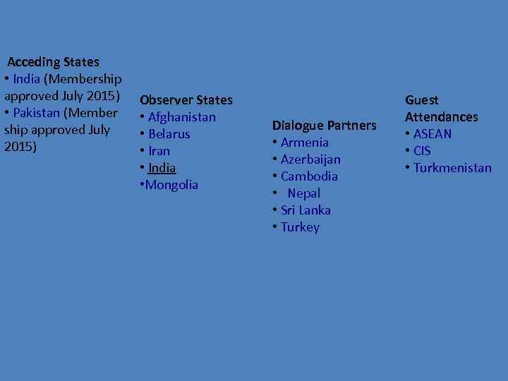 Acceding States • India (Membership approved July 2015) • Pakistan (Member ship approved July