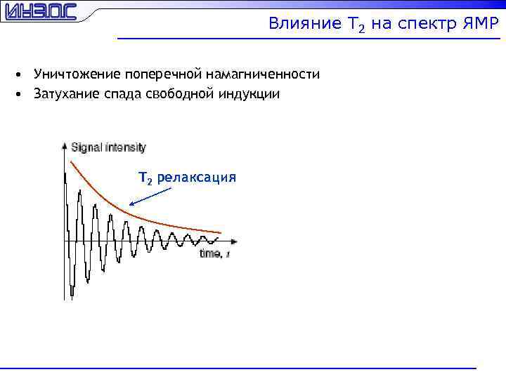 Влияние T 2 на спектр ЯМР • Уничтожение поперечной намагниченности • Затухание спада свободной