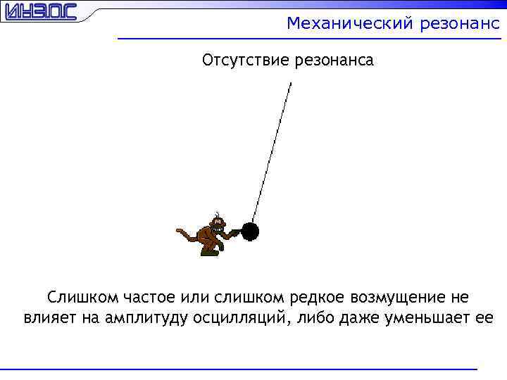 Механический резонанс Отсутствие резонанса Слишком частое или слишком редкое возмущение не влияет на амплитуду