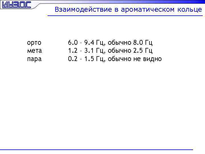 Взаимодействие в ароматическом кольце орто мета пара 6. 0 – 9. 4 Гц, обычно