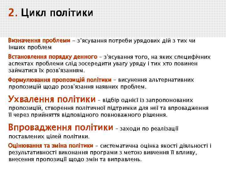2. Цикл політики Визначення проблеми - з’ясування потреби урядових дій з тих чи інших