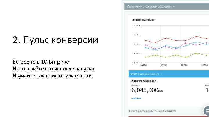 2. Пульс конверсии Встроено в 1 С-Битрикс Используйте сразу после запуска Изучайте как влияют