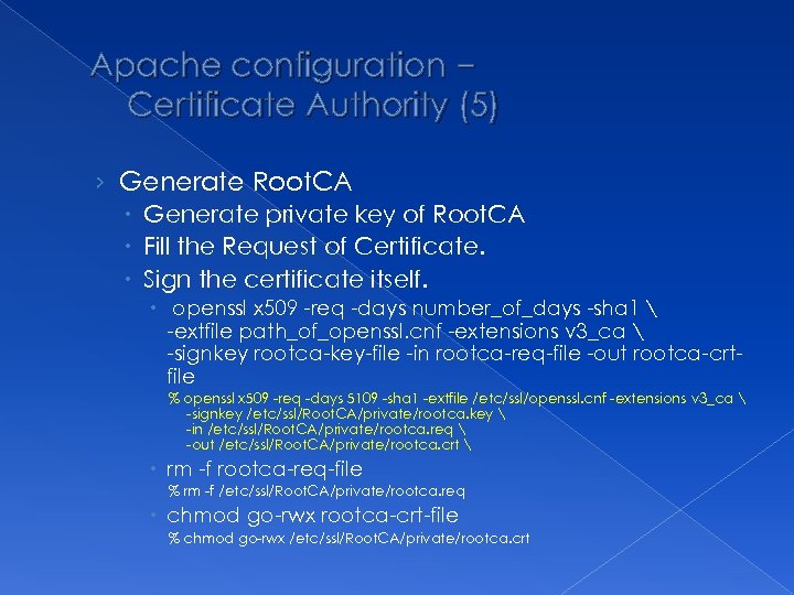 Apache configuration – Certificate Authority (5) › Generate Root. CA Generate private key of