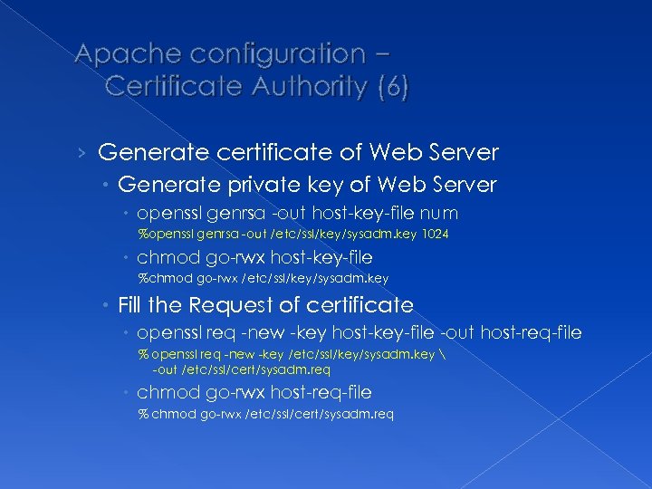 Apache configuration – Certificate Authority (6) › Generate certificate of Web Server Generate private