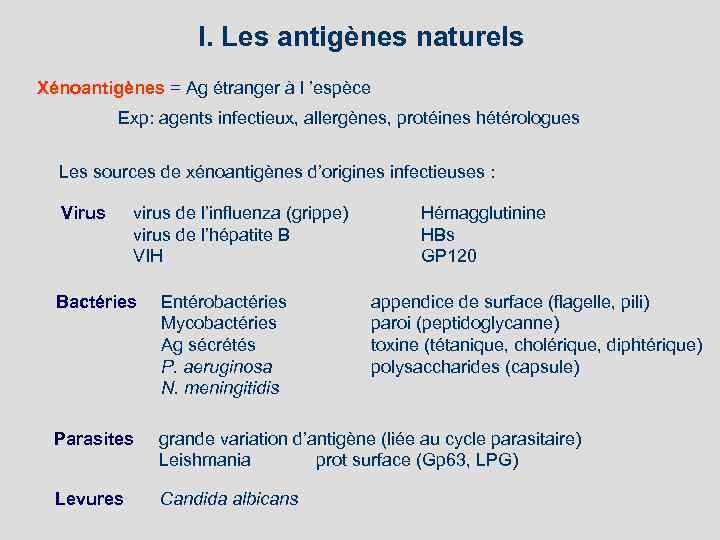 I. Les antigènes naturels Xénoantigènes = Ag étranger à l ’espèce Exp: agents infectieux,