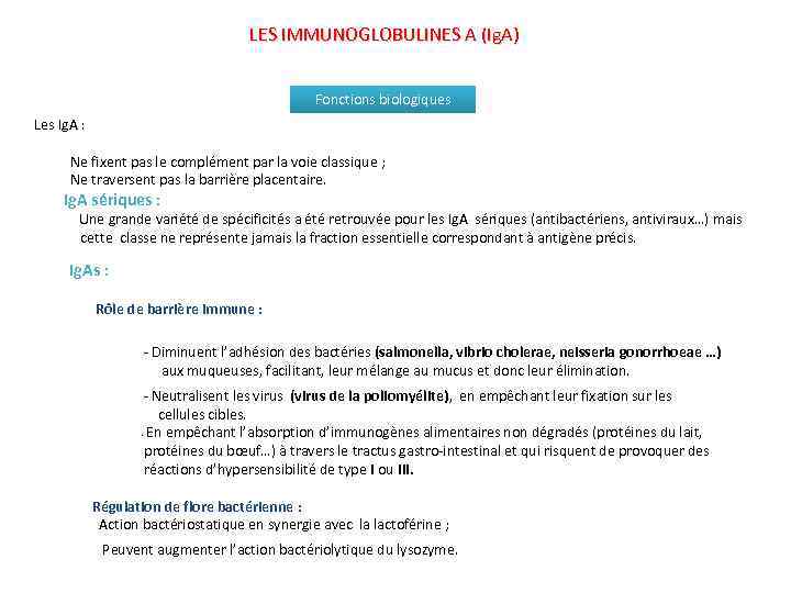 LES IMMUNOGLOBULINES A (Ig. A) Fonctions biologiques Les Ig. A : Ne fixent pas