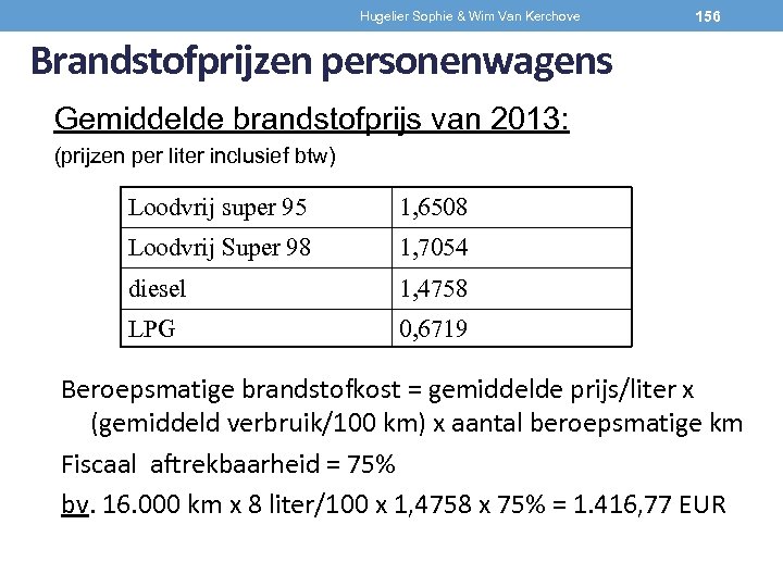 Hugelier Sophie & Wim Van Kerchove 156 Brandstofprijzen personenwagens Gemiddelde brandstofprijs van 2013: (prijzen
