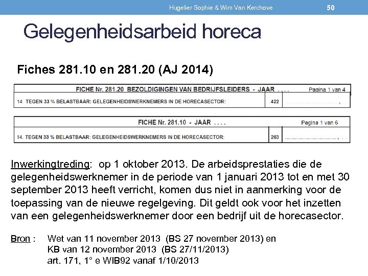 Hugelier Sophie & Wim Van Kerchove 50 Gelegenheidsarbeid horeca Fiches 281. 10 en 281.