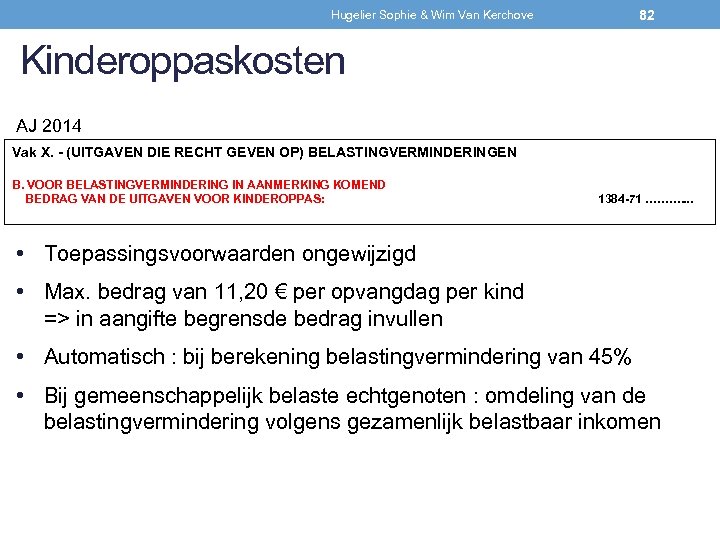 Hugelier Sophie & Wim Van Kerchove 82 Kinderoppaskosten AJ 2014 Vak X. - (UITGAVEN