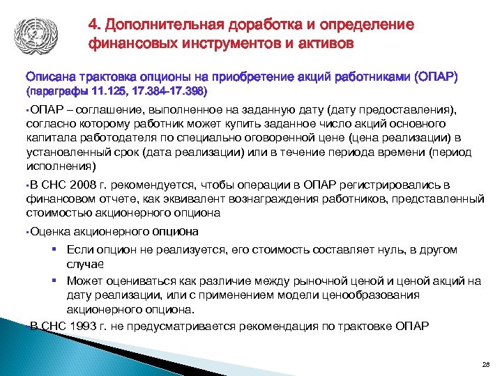 4. Дополнительная доработка и определение финансовых инструментов и активов Описана трактовка опционы на приобретение