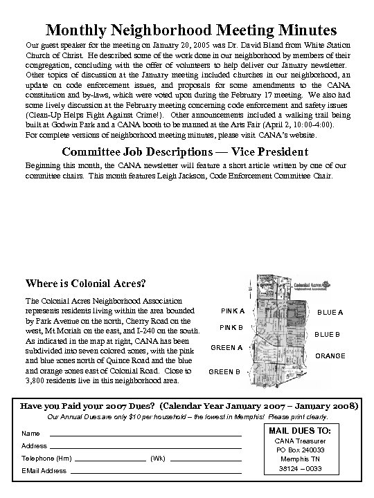 Monthly Neighborhood Meeting Minutes Our guest speaker for the meeting on January 20, 2005