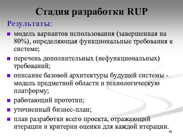 Стадия разработки RUP Результаты: n n n модель вариантов использования (завершенная на 80%), определяющая