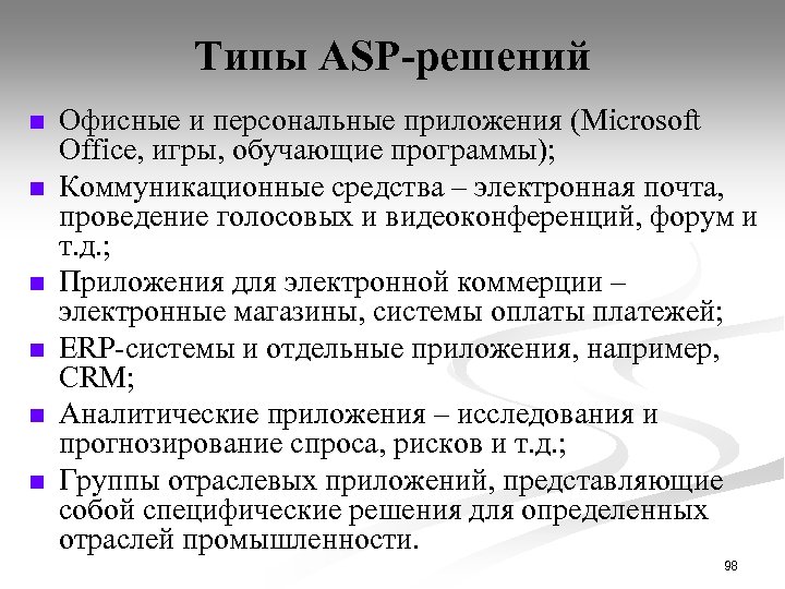 Типы ASP-решений n n n Офисные и персональные приложения (Microsoft Office, игры, обучающие программы);