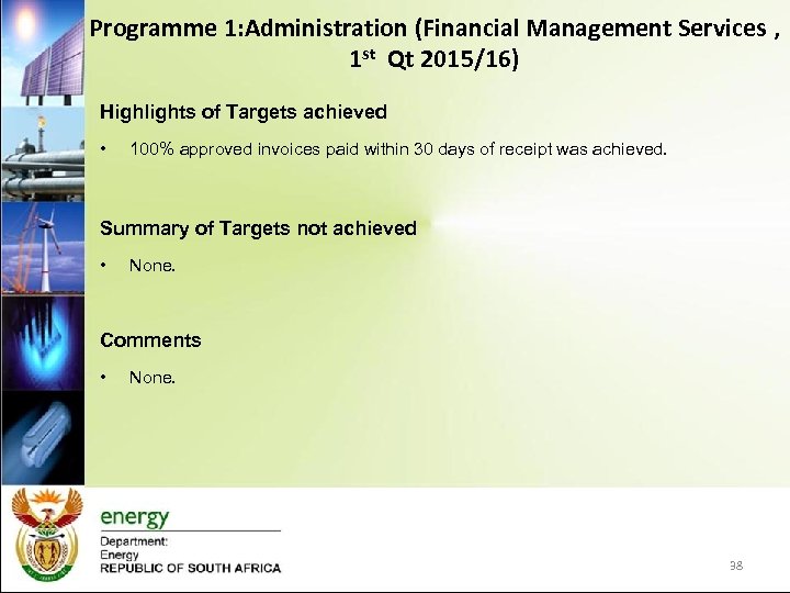 Programme 1: Administration (Financial Management Services , 1 st Qt 2015/16) Highlights of Targets