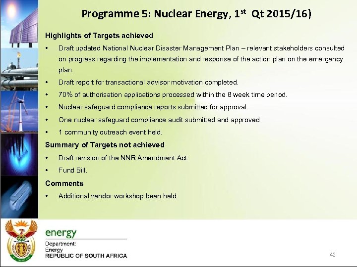 Programme 5: Nuclear Energy, 1 st Qt 2015/16) Highlights of Targets achieved • Draft