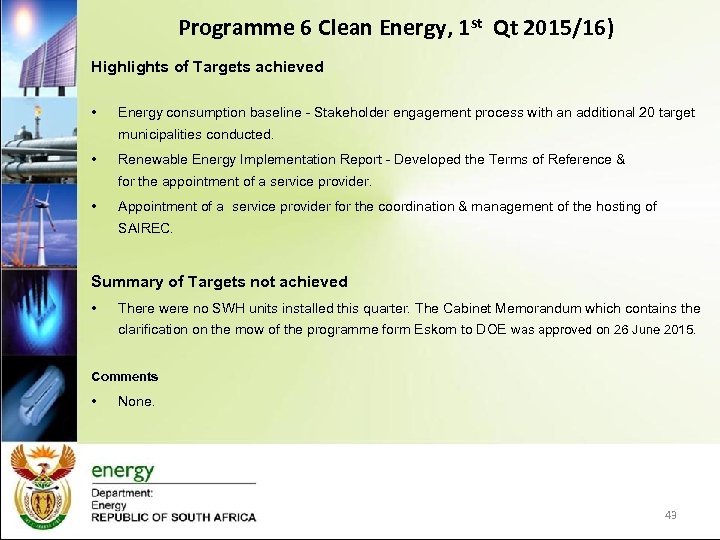 Programme 6 Clean Energy, 1 st Qt 2015/16) Highlights of Targets achieved • Energy