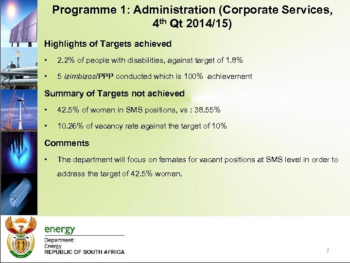 Programme 1: Administration (Corporate Services, 4 th Qt 2014/15) Highlights of Targets achieved •