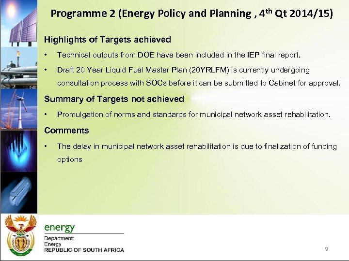 Programme 2 (Energy Policy and Planning , 4 th Qt 2014/15) Highlights of Targets