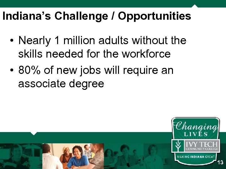 Indiana’s Challenge / Opportunities • Nearly 1 million adults without the skills needed for