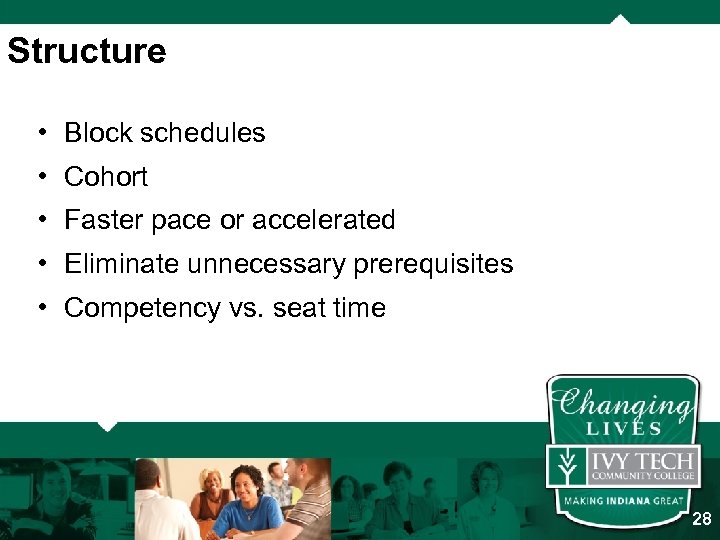 Structure • Block schedules • Cohort • Faster pace or accelerated • Eliminate unnecessary