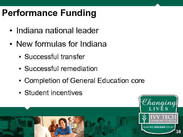 Performance Funding • Indiana national leader • New formulas for Indiana • Successful transfer
