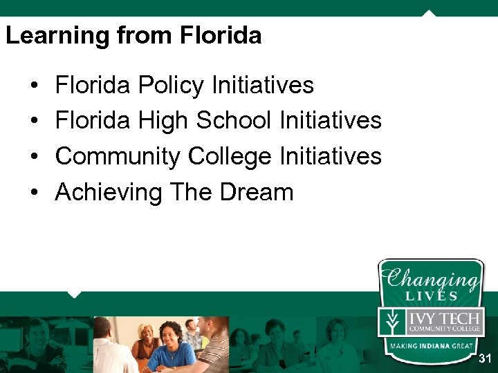 Learning from Florida • • Florida Policy Initiatives Florida High School Initiatives Community College