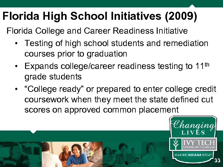 Florida High School Initiatives (2009) Florida College and Career Readiness Initiative • Testing of