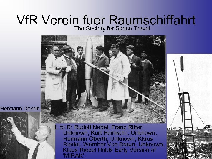 Vf. R Verein fuer for Space Travel Raumschiffahrt The Society Hermann Oberth L to