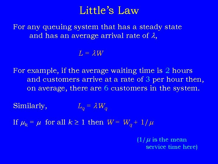 Little’s Law For any queuing system that has a steady state and has an