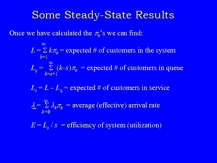 Some Steady-State Results Once we have calculated the pk’s we can find: L =