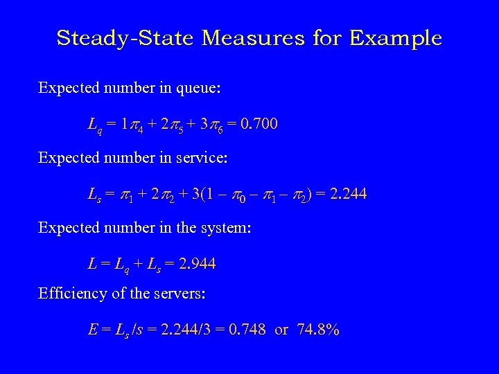 Steady-State Measures for Example Expected number in queue: Lq = 1 p 4 +