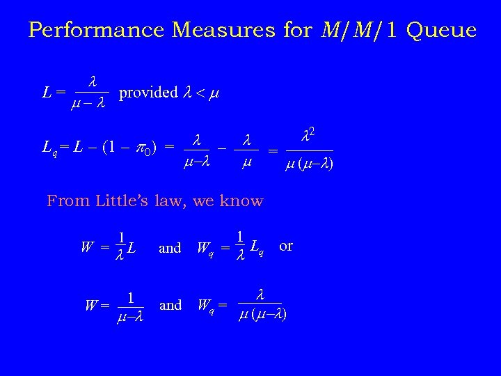 Performance Measures for M/M/1 Queue L= provided - Lq = L - (1 -