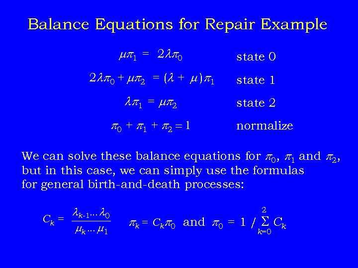 Balance Equations for Repair Example p 1 = 2 p 0 state 0 2