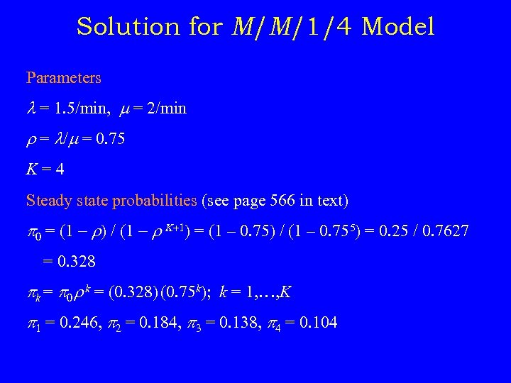 Solution for M/M/1/4 Model Parameters = 1. 5/min, = 2/min r = / =