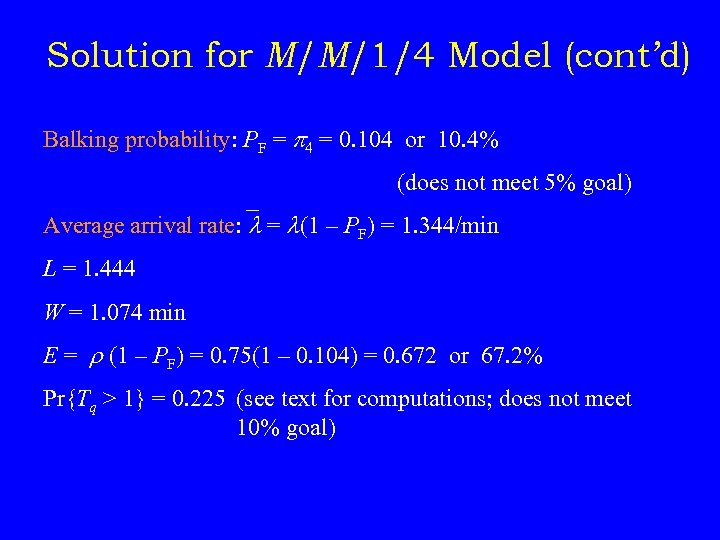 Solution for M/M/1/4 Model (cont’d) Balking probability: PF = p 4 = 0. 104